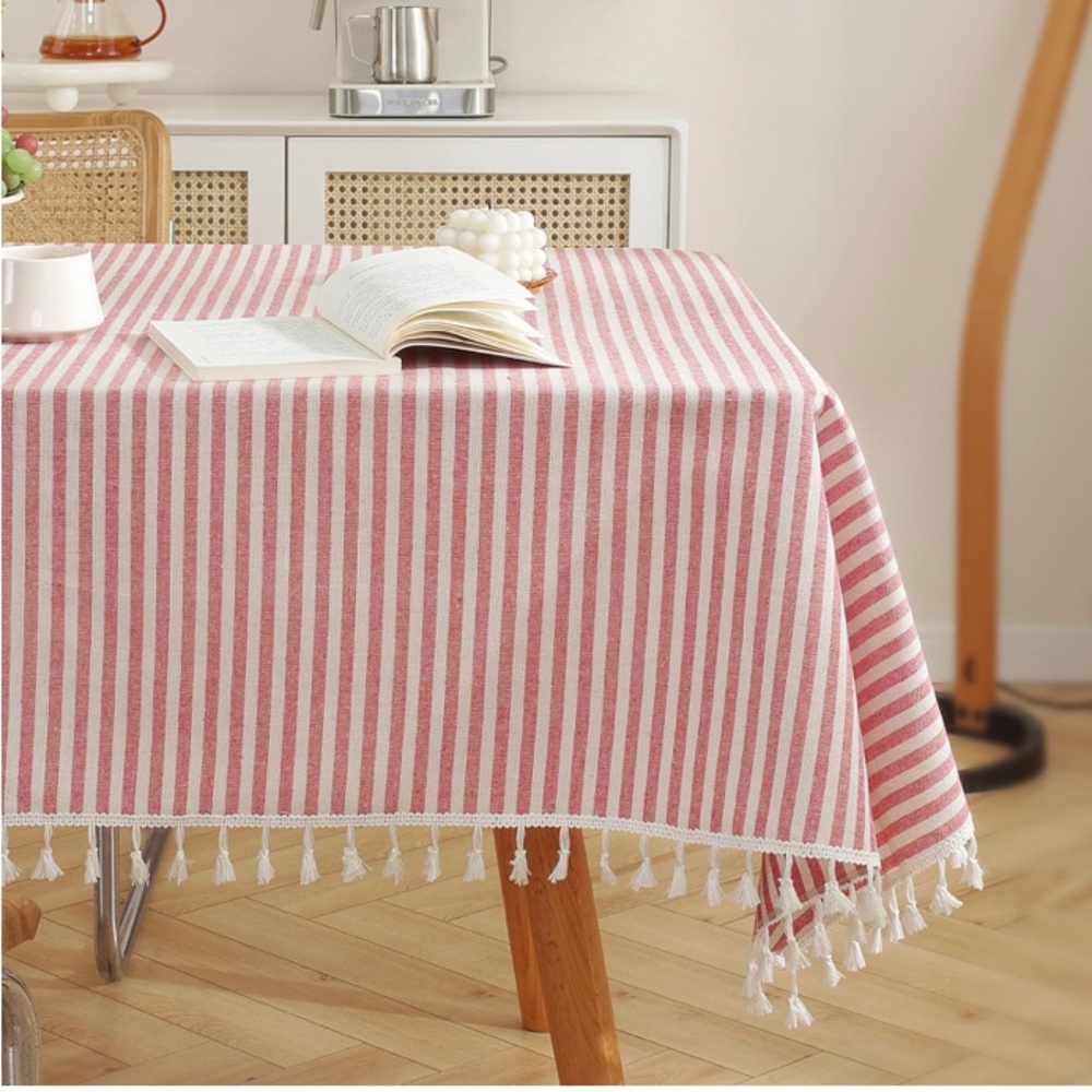 Elegant Red and White Striped Tablecloth with Tassels
